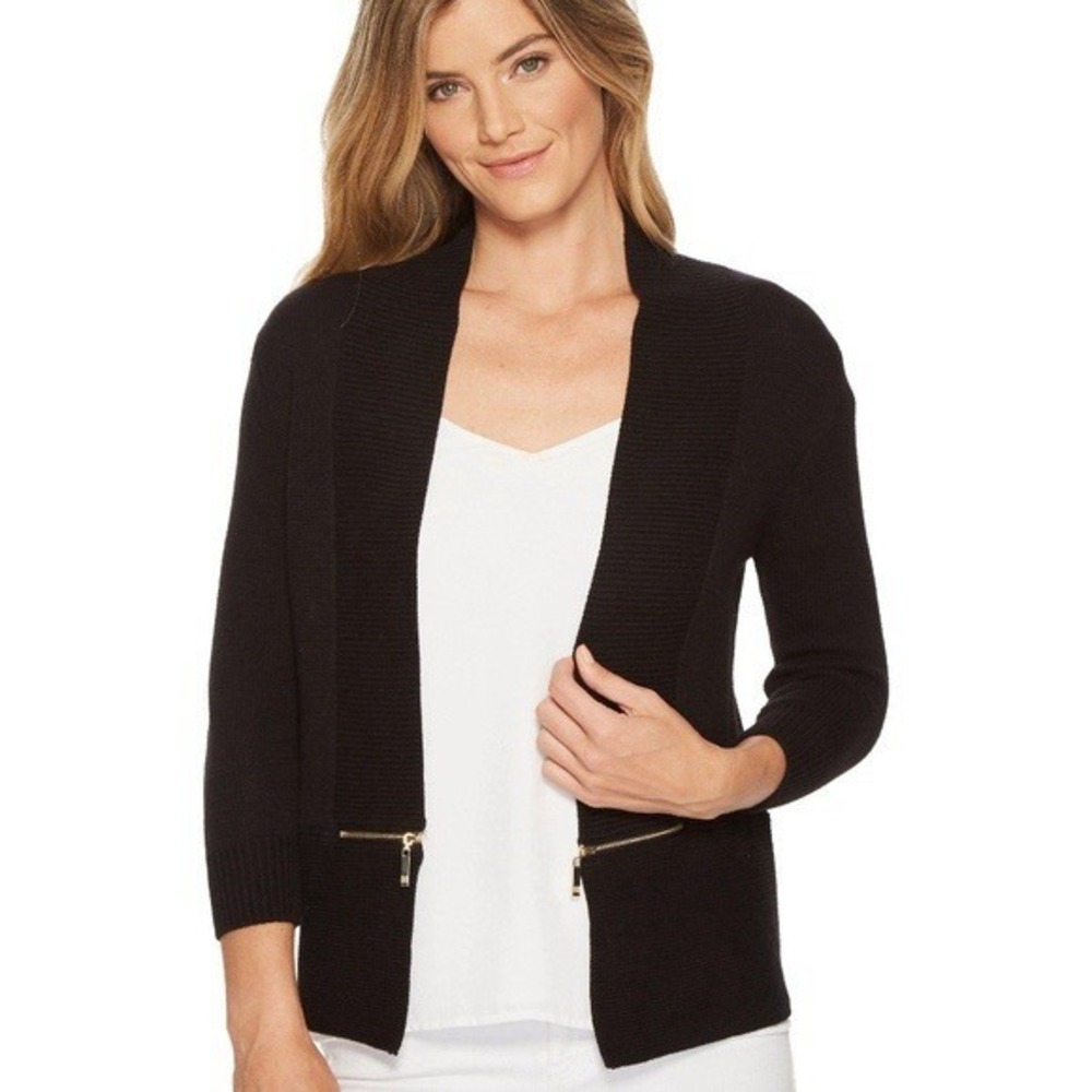 Ivanka Trump Black Open Front Zippe Accent Flyaway Women's Cardigan Office Boho